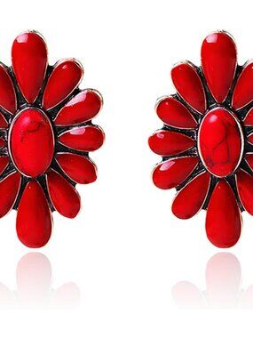 Bohemian Western Natural Turquoise Geometric Flower Drop Dangle Earrings Stateme